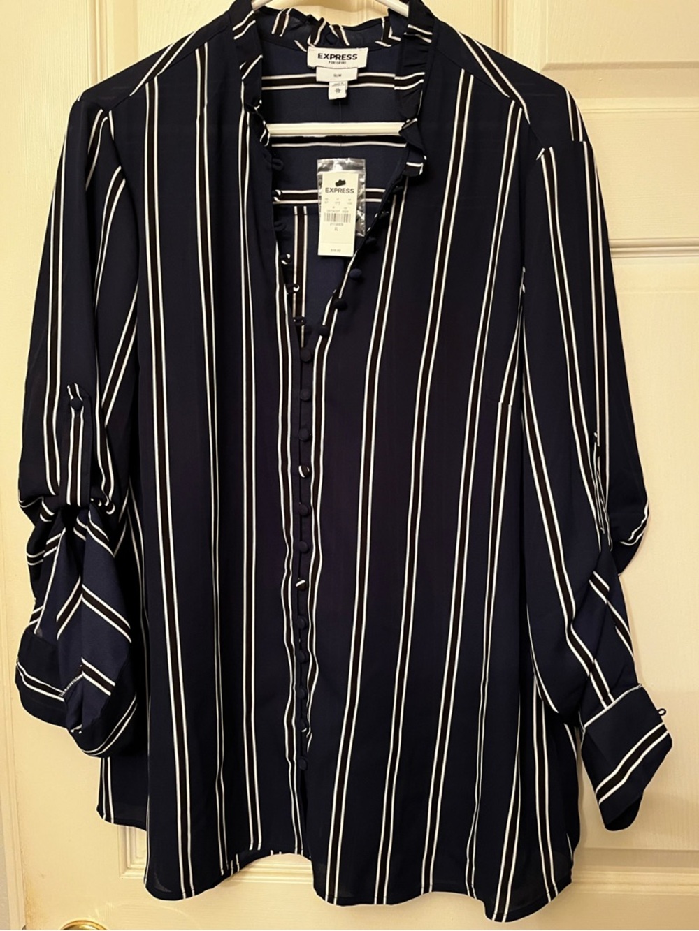 Express Navy and White Vertical Stripe Button-Down Shirt